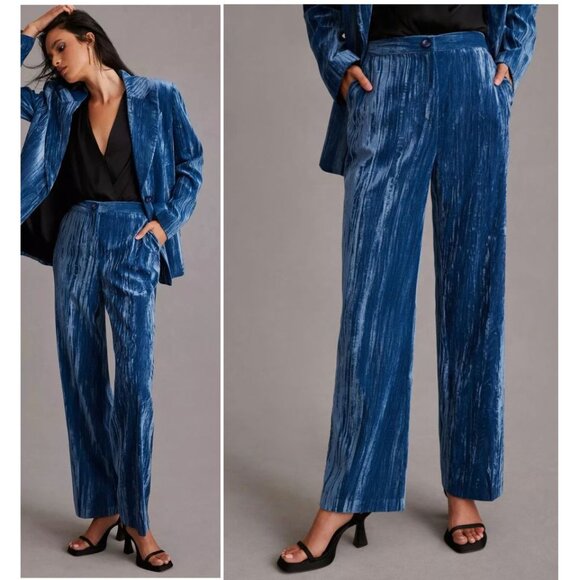 STELLA NOVA Livi PANTS Size 36 S Blue Crushed Velvet Straight Leg Pockets NEW - Picture 5 of 14